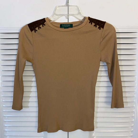 RALPH LAUREN Suede Lace Trim Petite Top - Picture 1 of 3